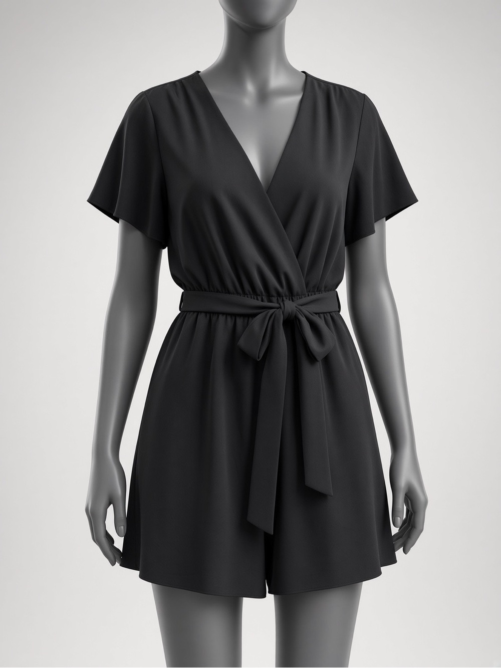 Classic Black Wrap-Front Romper with Self-Tie Waist